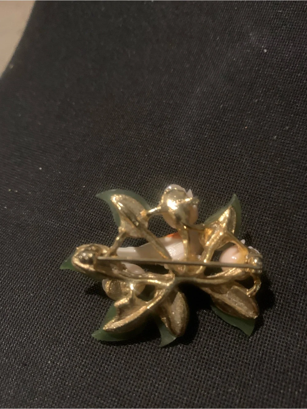 Swoboda Orange Bird Brooch with Green Leaves and Cream Flowers